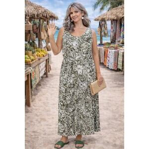 Erika 90s Vintage Floral Maxi Dress XL Rayon Flowy Sleeveless Elastic Waist Boho